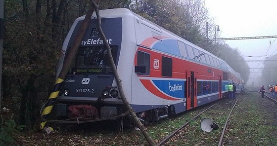 Souprava Elefant se po vykolejení zastavila a o sloup, nepomohla ani zaráedla.