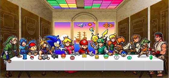 Poslední večeře Páně v podání herních postaviček. Zleva: Link , Mega Man, Ness, Cloud, Sonic, Peach, Mario, Pikachu, Solo, Samus, Denim Powell, Felyne, Ryu