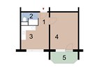 Pvodní pdorys: 1  chodba, 2  koupelna s WC, 3  kuchy, 4  obývací pokoj...
