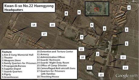 Severokorejský lágr Hengjong na satelitntím snímku z Google Maps