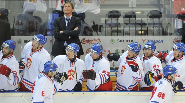 Čeští hokejisté se radují z prvního gólu v přípravném utkání proti Slovensku