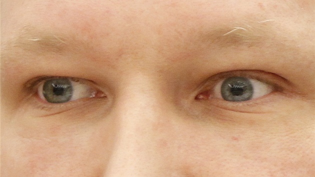 Detailní zábr oí Anderse Behringa Breivika bhem soudního procesu (16. dubna