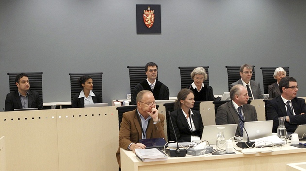 Soudce Arneho Lynga a Elizabeth Arntzenovou (uprostřed vzadu) doplňují přísedící z veřejnosti, před nimi pak sedí čtyři psychiatři. (16. dubna 2012)