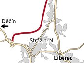 Přeložka silnice I/13 tvoří severozápadní obchvat obce Stráž nad Nisou a