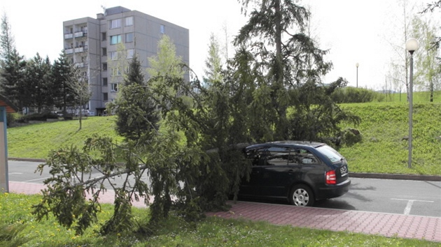 Siln vtr shodil strom na policejn vozidlo zaparkovan v Moravsk ulici v Jesenku. (29. dubna 2012)