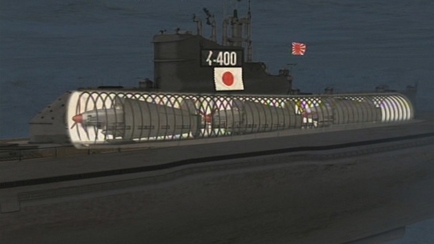 Schéma umístní hangáru pro ti letouny na trupu ponorky I-400