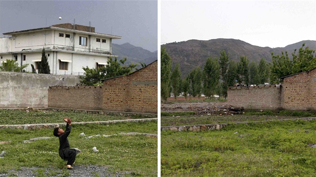 Vila, ve které americké komando zabilo teroristu Usámu bin Ládina na snímku z 5. května 2011 a stejné místo vyfocené v dubnu 2012.