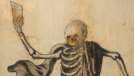 Jedna z uniktnch fresek z krypta v prask Loret - skeleton s kosou (1664).