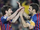 PIJDE OBJETÍ. Lionel Messi (vlevo) s Ceskem Fabregasem oslavují gólovou akci