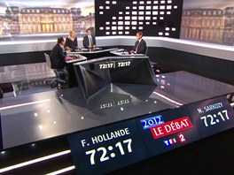 Francois Hollande (vlevo) a Nicolas Sarkozy bhem pedvolebn televizn debaty