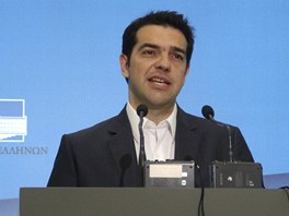 f Koalice radikln levice (SYRIZA) Alexis Tsipras pi projevu v atnskm