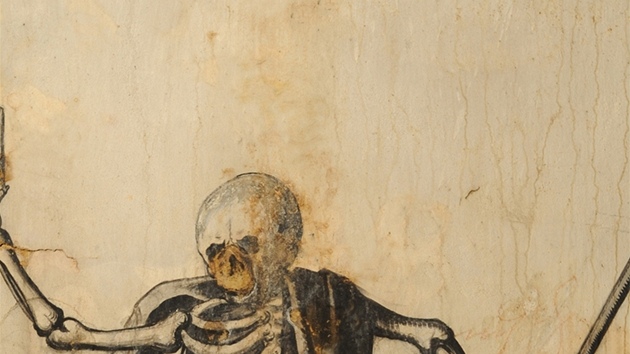 Jedna z unikátních fresek z krypta v praské Loret - skeleton s kosou (1664).