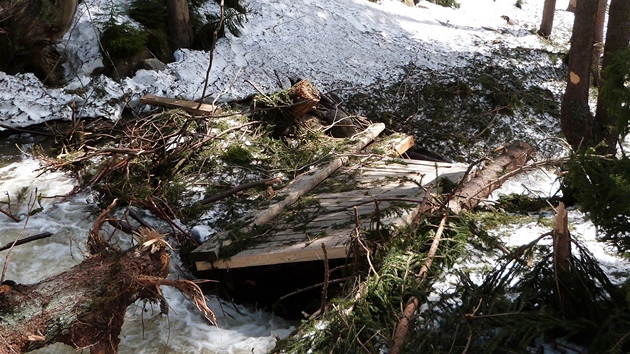 Mostek v Labské roklin nevydrel nápor lavin a vody z tajícího snhu.