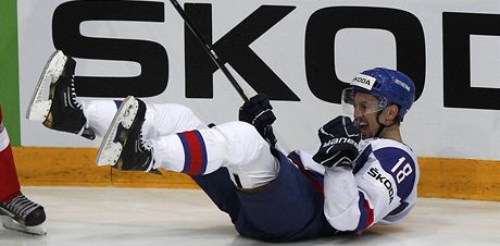 U SE ZASE RADUJE. Takhle oslavoval slovenský útoník Miroslav atan gól v semifinále loského MS, te se po plroní pauze do reprezentaního dresu vrátil.