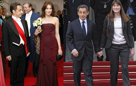Nicolas Sarkozy a jeho manželka Carla v roce 2008 a při odchodu z Elysejského