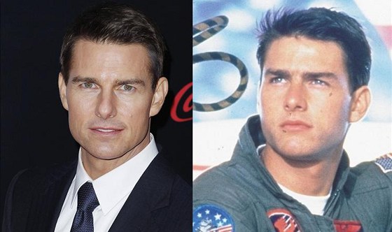 Tom Cruise v roce 2011 a ve filmu Top Gun (1986)