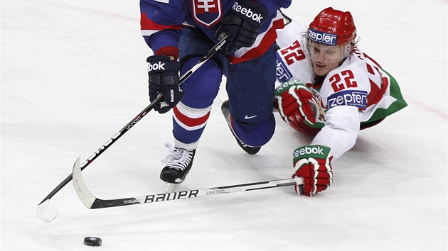 JÁ TAM DOSÁHNU! Blorus Oleg Goroko se pokouí vlee vypíchnout puk Slovákovi