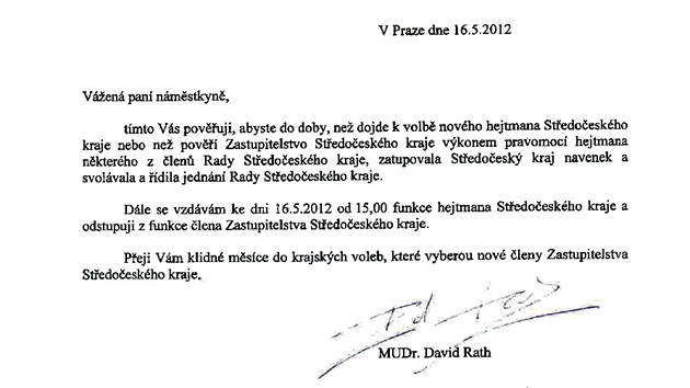 Faksimile dopisu, kterým David Rath rezignoval na krajské funkce (16. kvtna