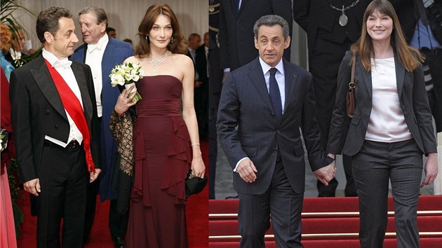 Nicolas Sarkozy a jeho manelka Carla v roce 2008 a pi odchodu z Elysejského