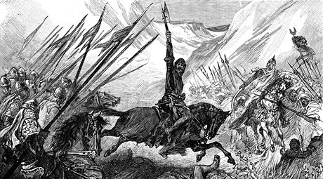 Richard Lví srdce na rytin z 19. století vede kiácká vojska v bitv u Arsufu.