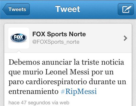 MESSI ZEMEL. Televizn stanice Fox Sports okovala zprvou, e Lionel Messi