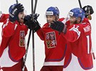 VÍTZNÝ KOZÁEK. etí hokejisté ho tancují po druhé brance ve finské síti v