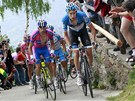 STOUPÁNÍ NA MORTIROLO. Ryder Hesjedal v ele skupinky jezdc pi stoupání na