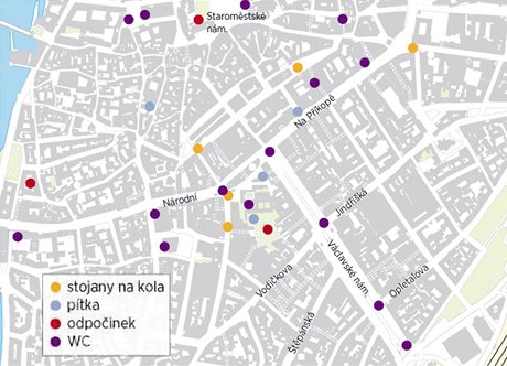 Mapka laviek, WC, ptek a stojan na kola v centru Prahy