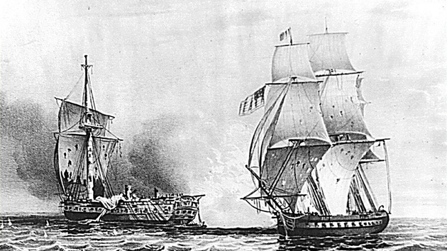 Bitva mezi americkou fregatou USS Constitution (vpravo) a britským plavidlem
