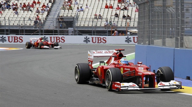 Vozy Ferrari v pátením tréninku Velké ceny Evropy formule 1 na okruhu ve