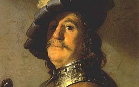Rembrandt van Rijn - Borststuk van een man met halsberg en gevederde baret