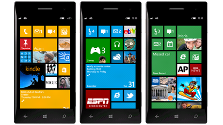 Hlavní obrazovka Windows Phone 8 s trojí velikostí dladic