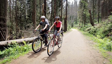 Cyklisté projídjí poblí pramen Vltavy.