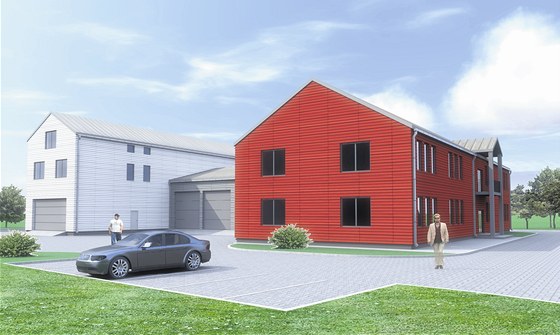 Vizualizace nové podoby hasiské zbrojnice ve Vrchlabí. Bude se rekonstruovat objekt Cizinecké policie (zde v ervené barv), prostory výjezdových garáí a prostory pro záchranku se budou dostavovat.