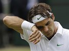 JE TO DINA. Roger Federer si utírá pot z oblieje bhem prvního setu...
