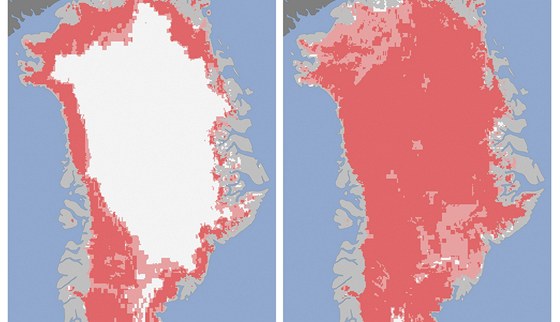 ervené oblasti na povrchu Grónska ukazují, jak led natával 8. ervence (vlevo)...