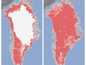Červené oblasti na povrchu Grónska ukazují, jak led natával 8. července (vlevo)...