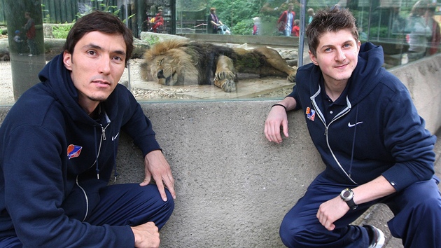 Ji Welsch (vlevo) a Jakub Kudlek pzuj v libereck zoo spolu se lvem.
