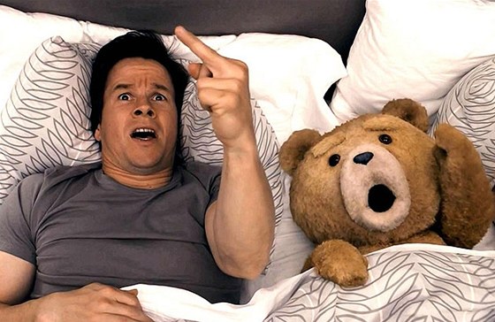 John (Mark Wahlberg) a animovaný méa Ted ukazují nesluné gesto.