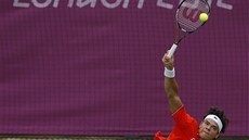 SERVIS. Milos Raonic z Kanady podává v utkání s Jo-Wilfriedem Tsongou. 