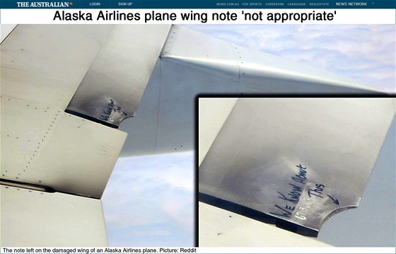 Pokozené kídlo letadla spolenosti Alaska Airlines