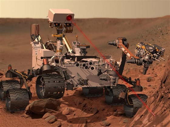 Vizualizace sondy Curiosity na povrchu Marsu