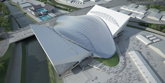 Vizualizace: London Aquatics Centre - "pídavná"  kídla po olympiád zmizí.