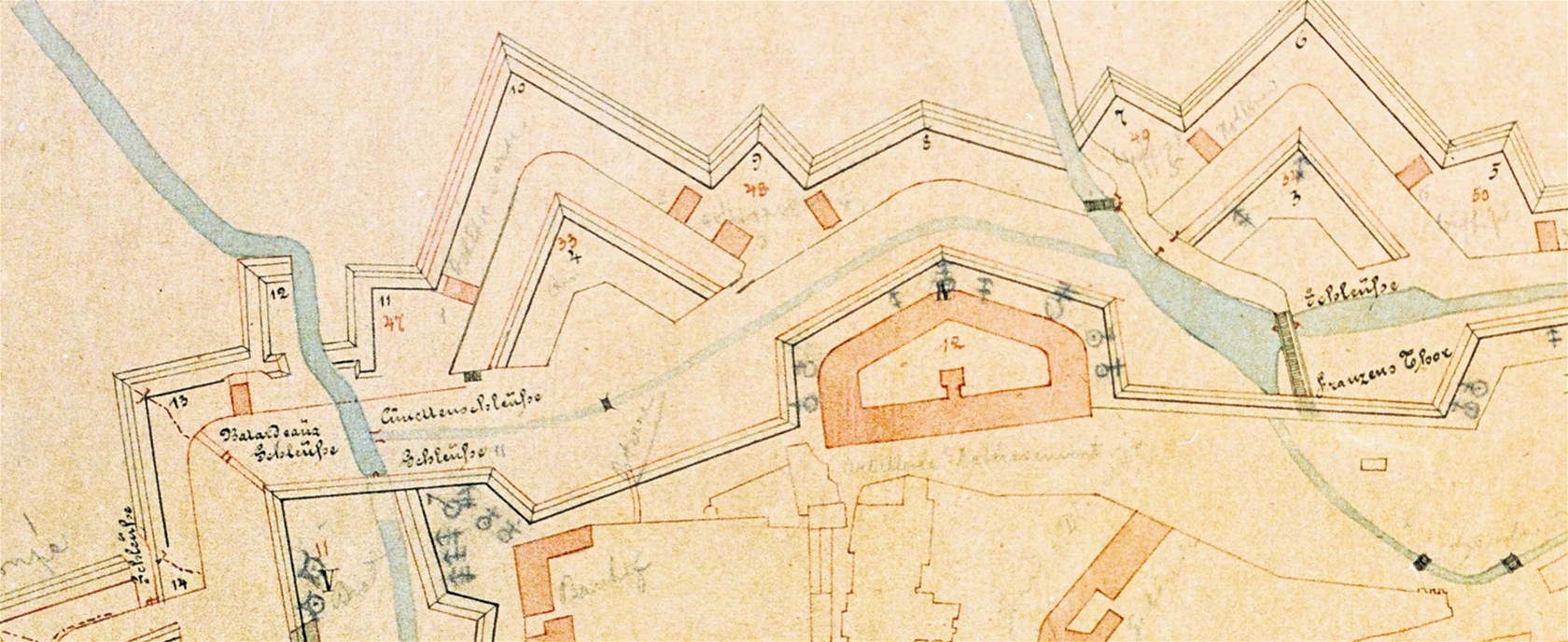 Plán olomoucké pevnosti z roku 1876 ukazuje Malou Moravu pi ústí do Olomouce.