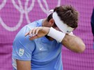 Argentinec Del Potro pi utkání se výcarem Rogerem Federerem (3. srpna 2012)