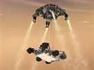 V závrené fázi pistání se vozítko Curiosity od jeábu (sky crane) oddlí a...