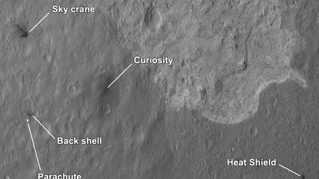 Curiosity pi pohledu z obn drhy Marsu. Snmek pozen sondou MRO zachycuje samotn voztko Curiosity, odhozen tepeln tt (Heat Shield), padk (Parachute), i nebesk jeb (Sky crane). Vzdlenost mezi jebem a voztkem je cca. 650 metr.