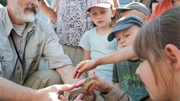 Petr Velenský s jedním ze vzácných dračích mláďat v obležení dětí v pražské zoo.