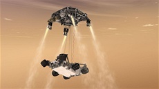 V závěrečné fázi přistání se vozítko Curiosity od jeřábu (sky crane) oddělí a...