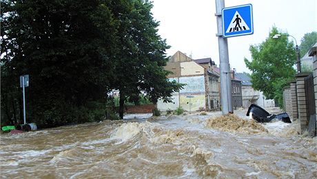 Voda z potoka Bystice se v roce 2002 valila Tovrn ulic v Dub a boila domy.